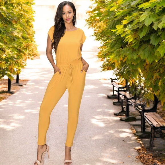 Super Comfy Capella Mustard Ladies Two-Way Shoulder Drawstring Jumpsuit - Picture 11 of 16